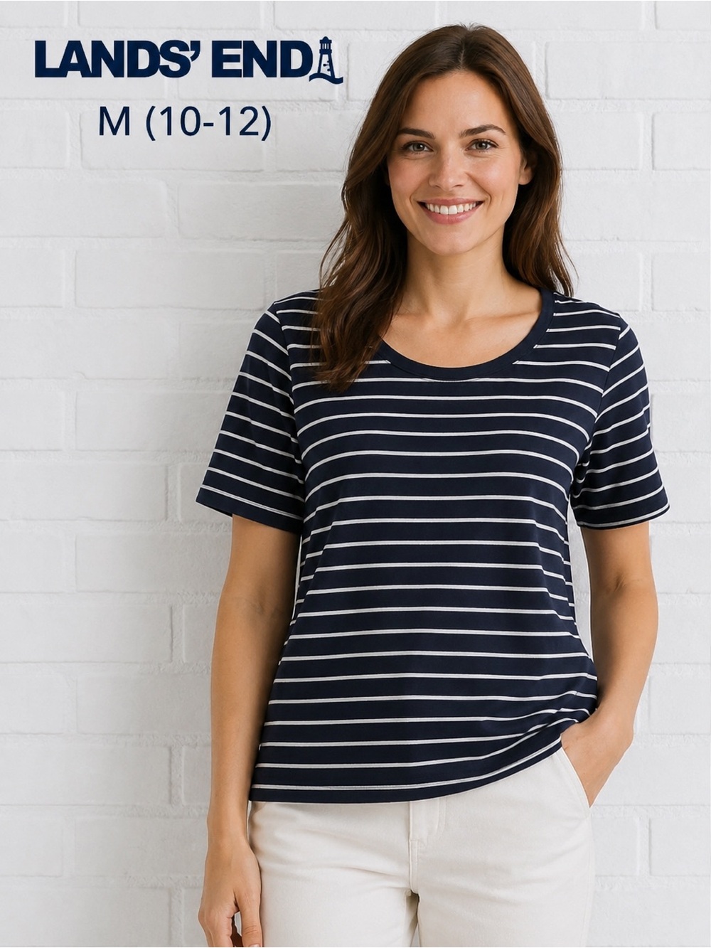Lands’ End Navy & White Striped Cotton Tee Shirt Women’s M 10-12 Casual Classic